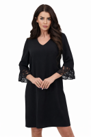 Czarna Sukienka z Koronkowym Rękawem 3/4 – Elegancka, Klasyczna, Dekolt V